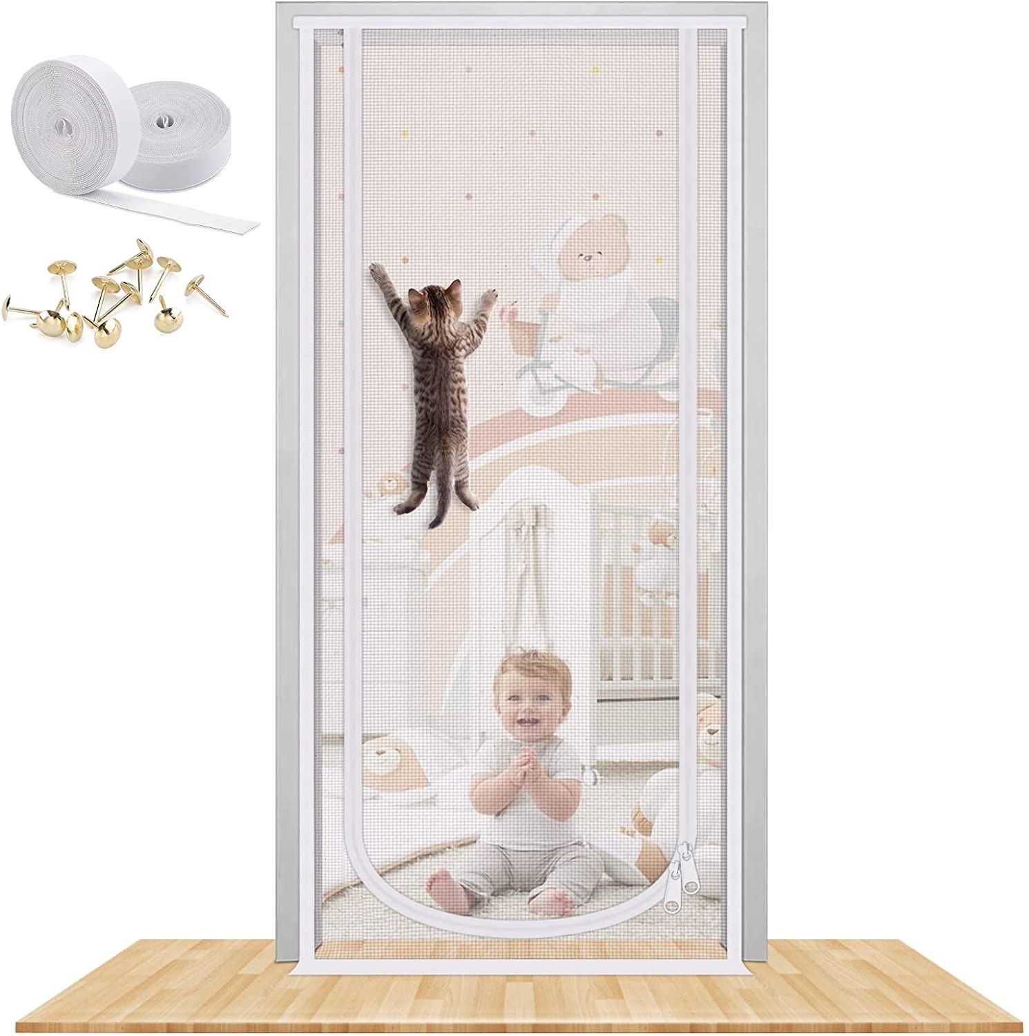 Reinforced Cat Screen Door, 35.5X82” Heavy Duty Pets Proof Screen Door with Bilateral Zipper, Prevent Dogs Cats Running Out from Home, Bedroom, Living Room, Kitchen Patio Doo