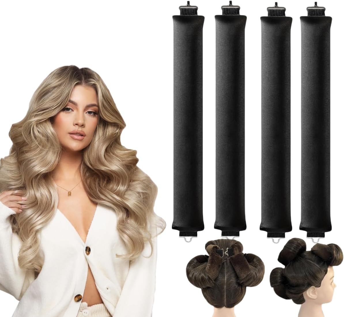 NEDLON 4PCS Heatless Hair Curler, Heatless Curlers Headband, Hair Curlers No Heat for All Hairs Types, Soft Hair Roller for Sleeping, Heatless Curling Set Overnight Curls (Black, 4 Pack (Without Silk Head Scarf))