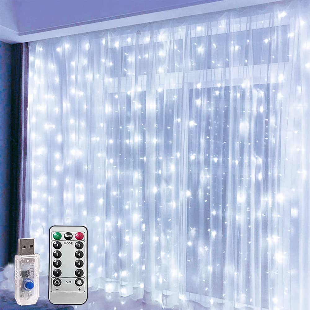 Curtain Fairy Lights, Twinkle Lights Christmas Decorations, 300 Led USB 8 Modes Fairy Lights for Bedroom, Icicle String Light W/Remote & Timer for Indoor Room Xmas Party Decoration(White)