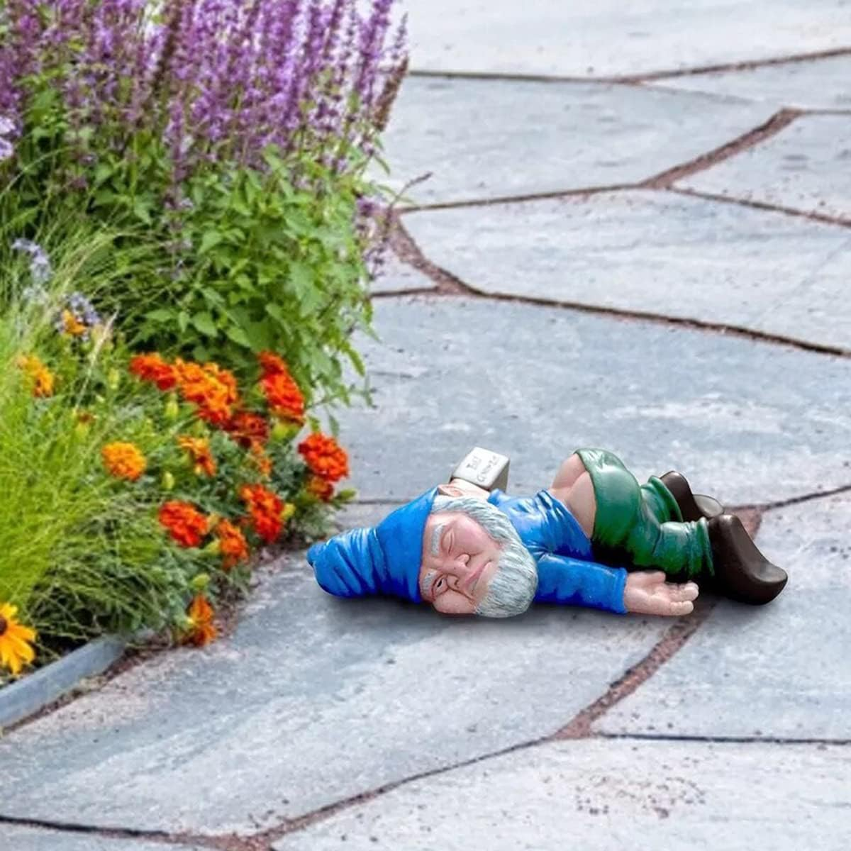 6 Inch Garden Patio Ornament, Blue Drunken Gnome Statue Outdoor Lawn Decoration, Creative Naughty Laying down Half Open Eyes with Bottle Elf Gnome, Resin Patio Decoration, Novelty Gift (Medium)