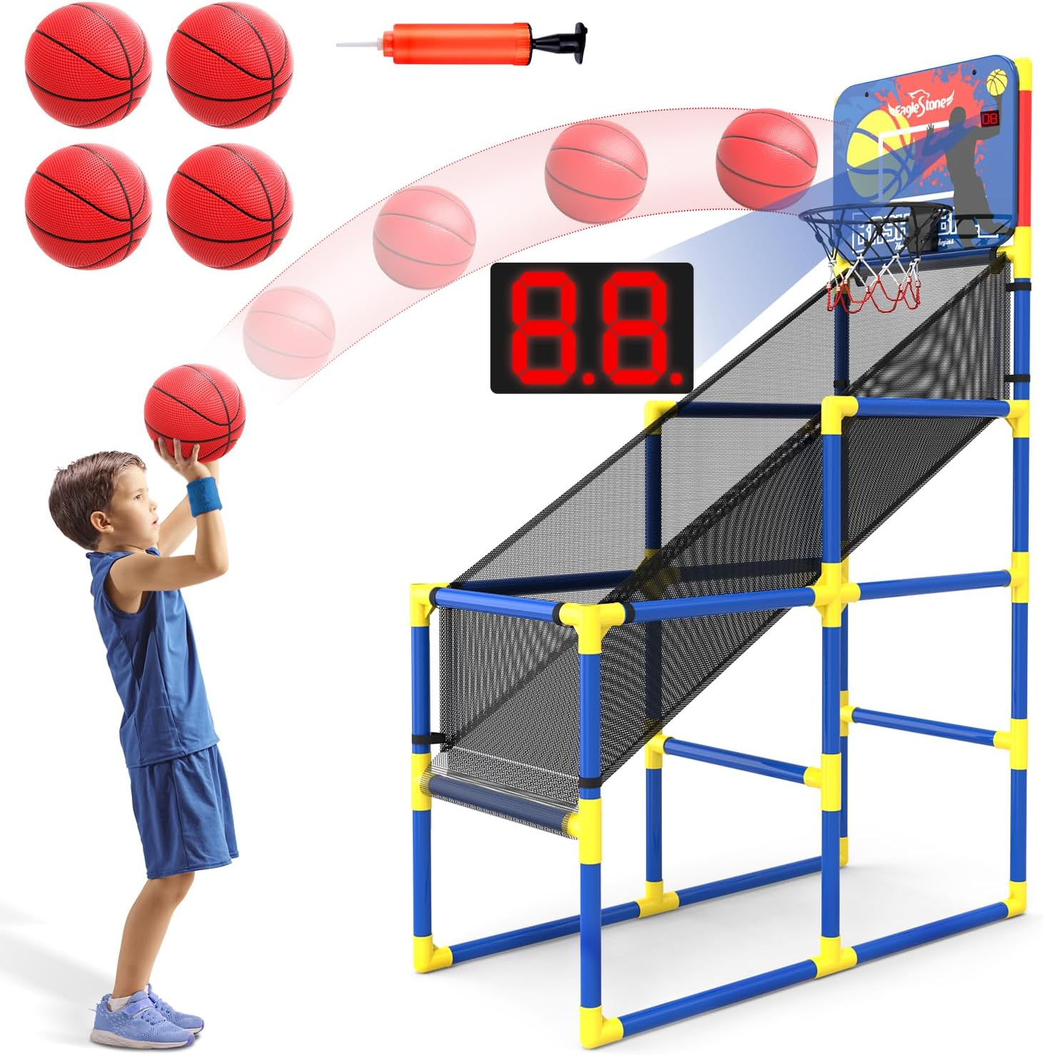 Eaglestone Kids Basketball Hoop Arcade Game，4 Balls Indoor and Outodor Basketball Hoop with Electronic Scoreboard, Basketball Toys Gifts for Toddlers Boys Girls Age 3 4 5 6 7 8 9 10 11 12, Blue