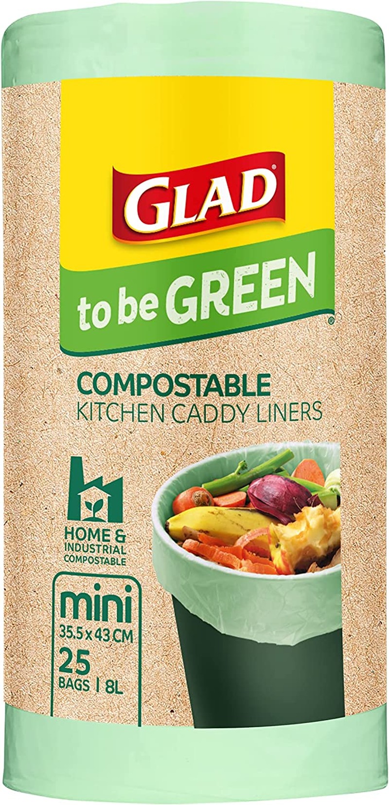 Glad to Be Green Compostable Kitchen Caddy Liners, Mini Size Fits 8L Bin, 25 Count