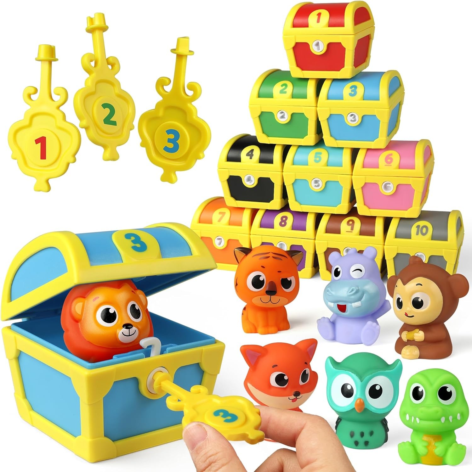 Coogam Fine Motor Skill Toys for Toddlers, 10Pcs Surprise Animals Finger Puppets Treasure with Number Locks, Matching Color Sorting Pirate Hunt Game, Learning Montessori for 3 4 5 Year Old