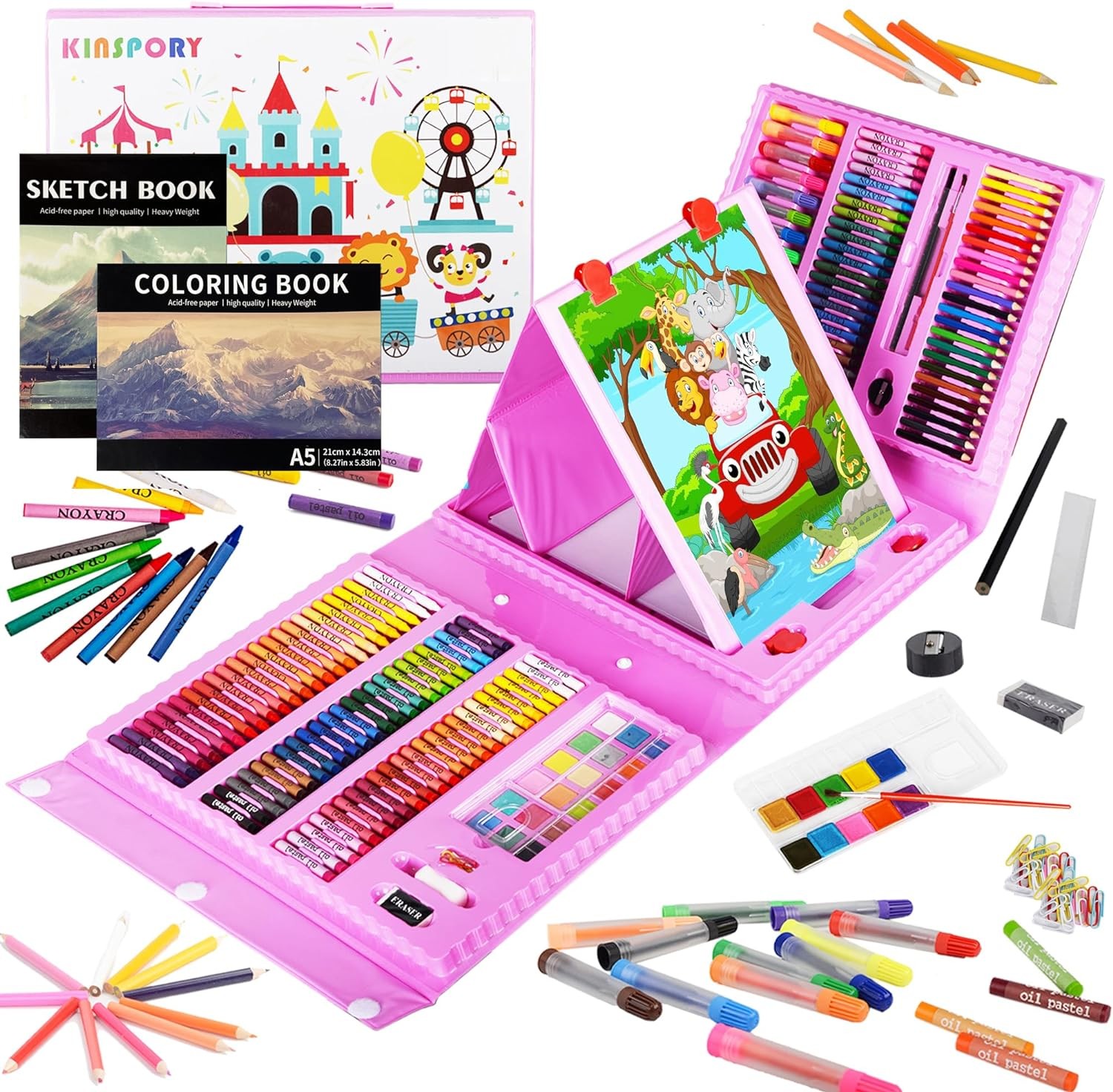 Art Set, 290 Pack Art Kit Drawing Kit for Kids Girls Boys, Deluxe Gift Art Supplies with Trifold Easel, Coloring Pad, Sketch Pad, Pastels, Crayons, Pencils, Watercolors (Pink)