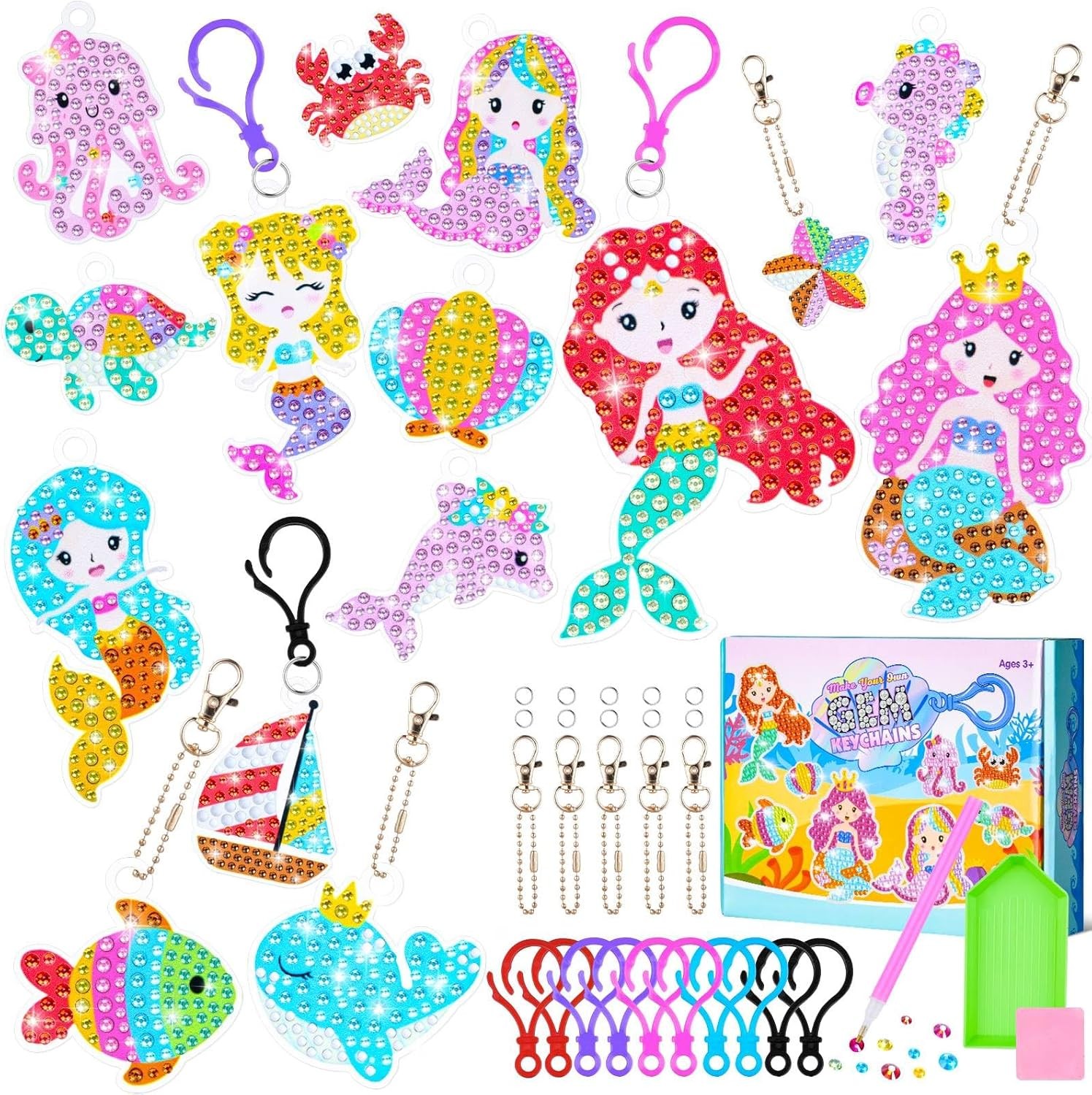 5D Gem Diamond Art Kit for Kids, Make Your Own Gem Art Keychains by Number, Cartoon Diamond Art Easy Kits, DIY Crafts Birthday Gifts Thanksgiving Christmas for Girls Boys Ages 6-8-12 (Mermaids)