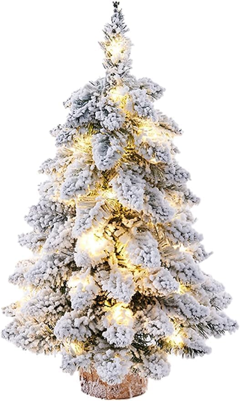 Prelit Mini Christmas Tree,18Inch Tabletop Flocked Christmas Tree with Lights and Wood Base, Xmas Pine Tree for Holiday Home Office Christmas Decoration