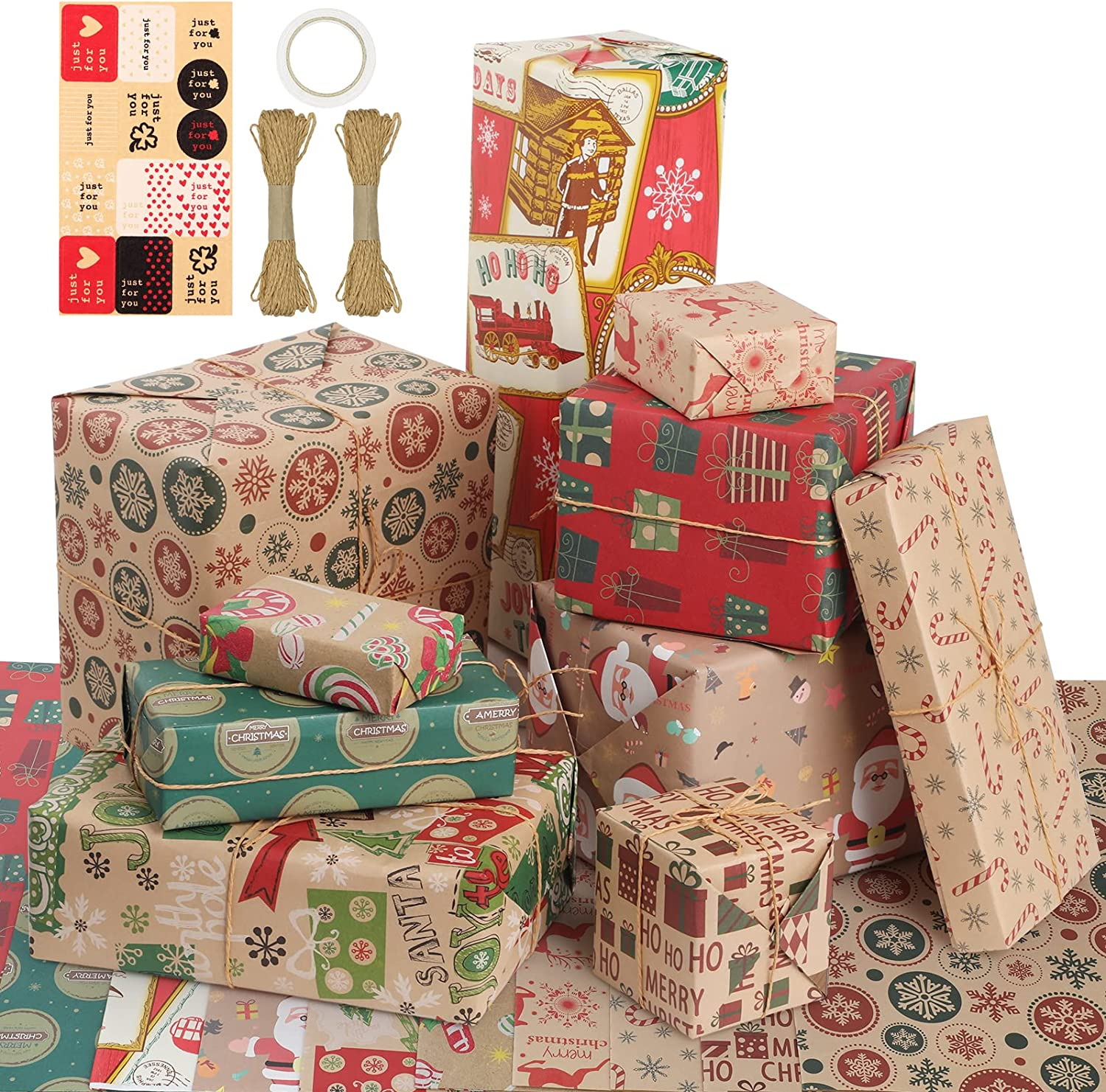 Simpeak 10PCS Gift Wrapping Kraft Paper for Christmas/Birthday Present, 70 ∗ 50 Cm Thick Gift Wrapping Paper for Xmas with 20M Rope, Double-Sided Adhesive Tape and Sticker