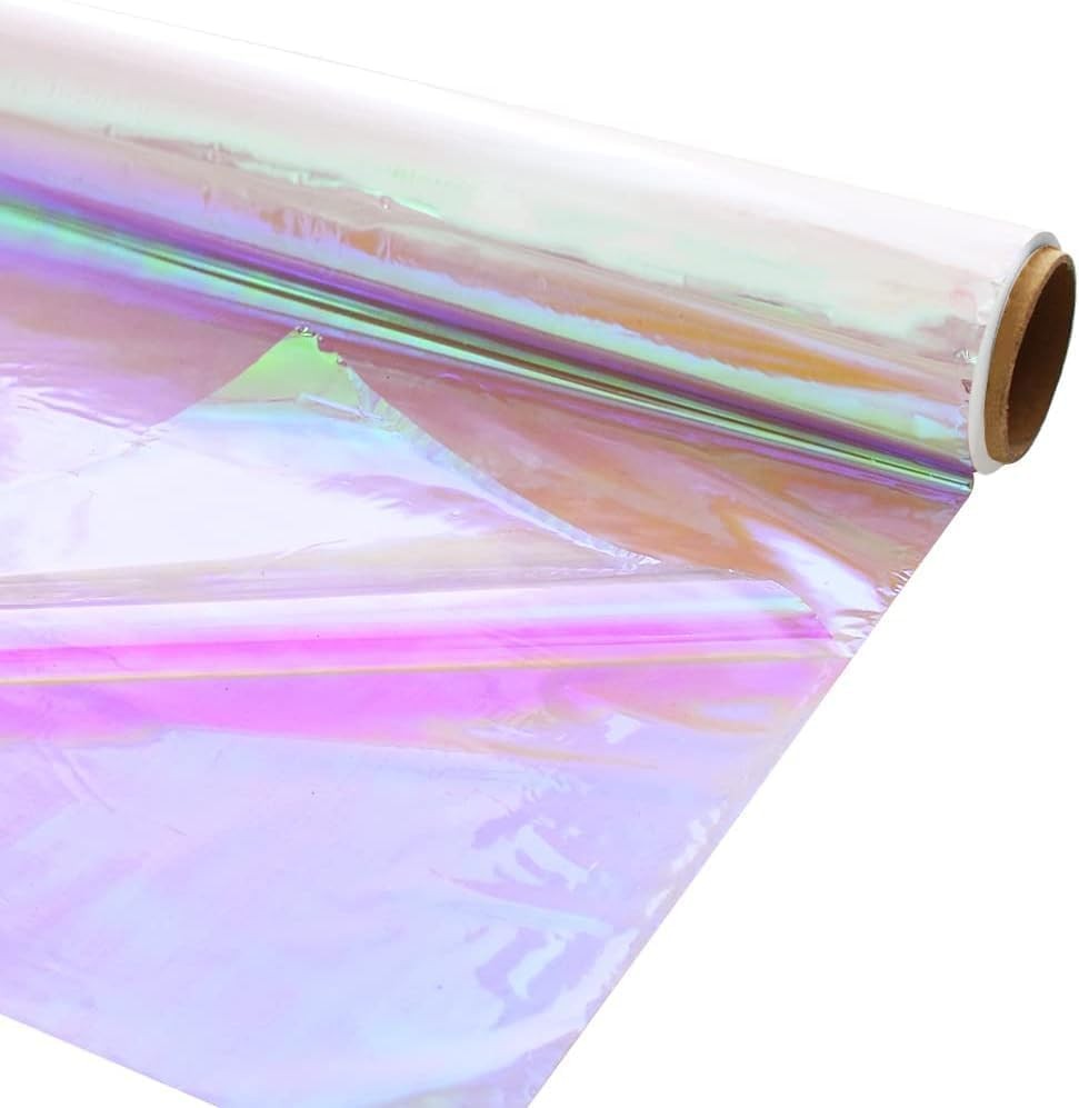 Iridescent Cellophane Wrap Roll, Transparent Iridescent Cellophane Roll, Rainbow Colored Gift Wrapping Plastic for Baskets, Treats, DIY Crafts, Flower Wrapping 32In X 50Ft