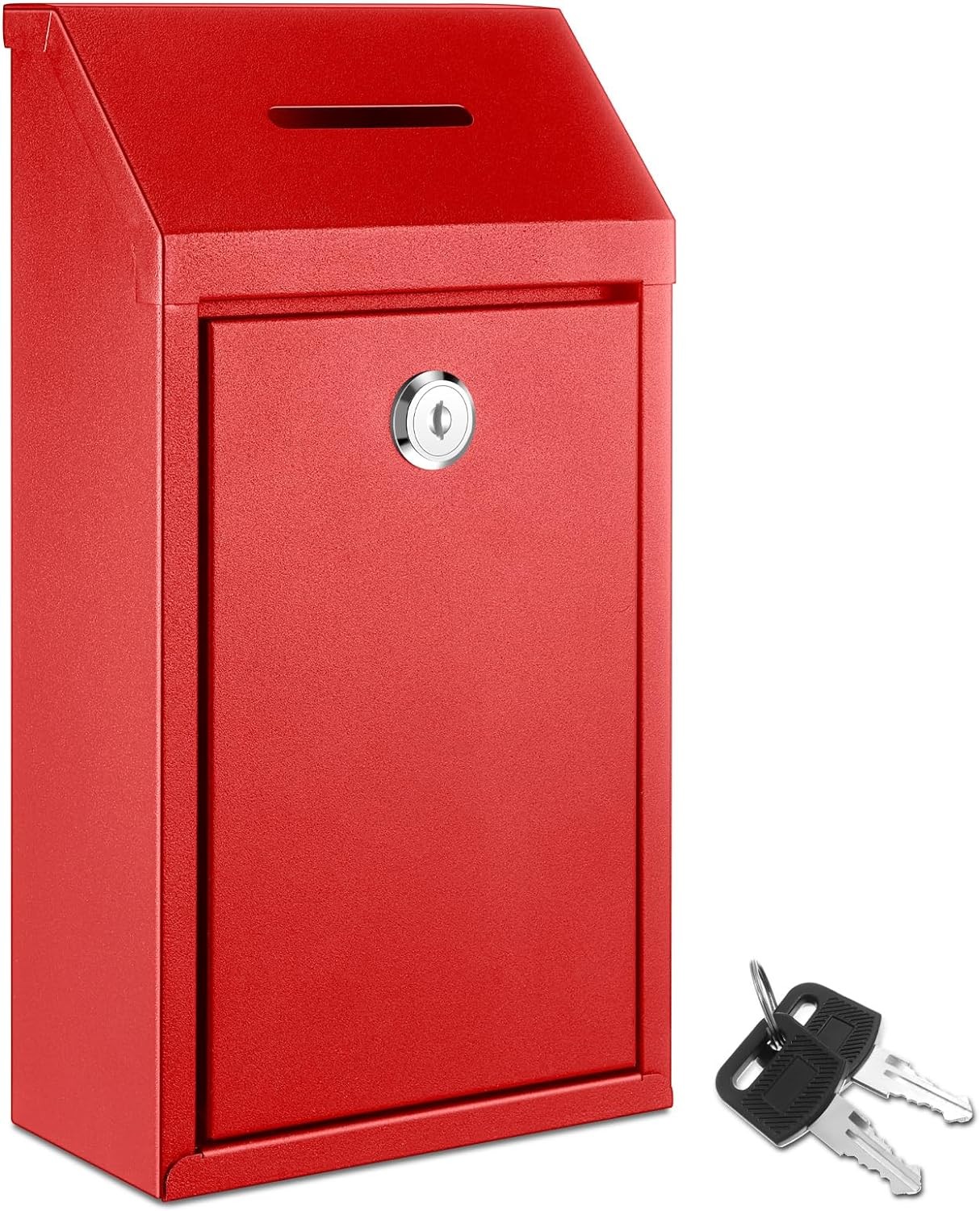 Yaocom Metal Donation Box Collection Box Suggestion Box with Lock Wall Mounted Mailbox Delivery Ballot Box Safe Ballot Box Key Drop Box for Home Office Outdoor Door, 10.24 X 8.66 X 3.15 Inch (Red)