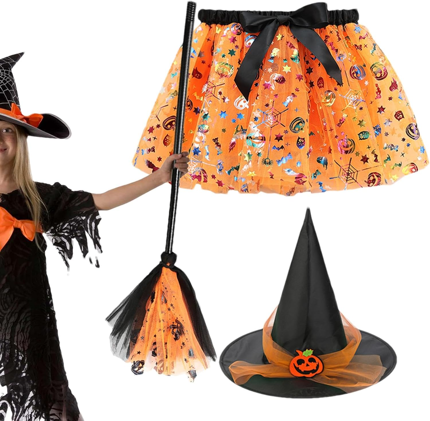 Kids Witch Costume,Halloween Tutu Dress Set – Dress up Witch Costume, Witch Girl Skirt with Witch Hat and Broom for 2-8 Years Old Halloween Cosplay Party Decoration