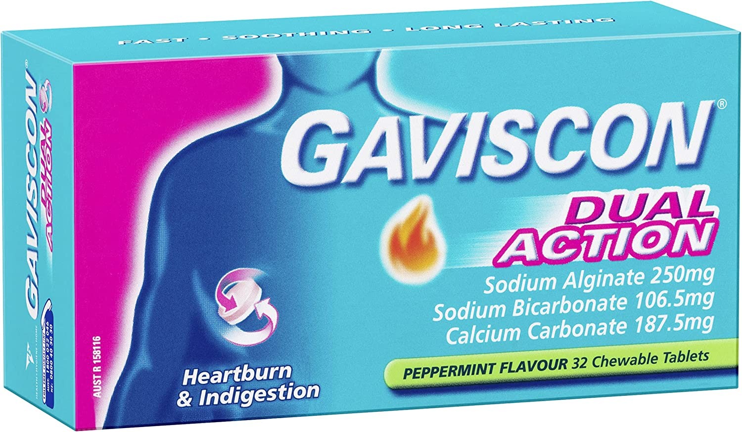 Gaviscon Dual Action Chewable Peppermint Heartburn & Indigestion Relief Tablets (Count of 32)