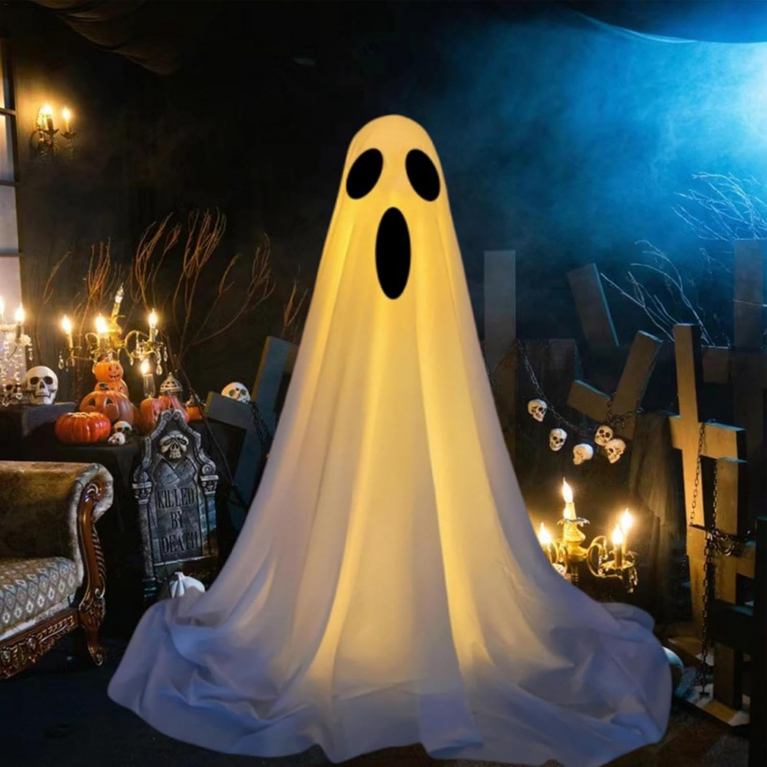 Halloween White Ghosts, Lighted White Cloth Ghost Decoration, Spooky Halloween Ghosts with LED Light Strings, Halloween Ghost for Holiday Home Porch Yard Decorations