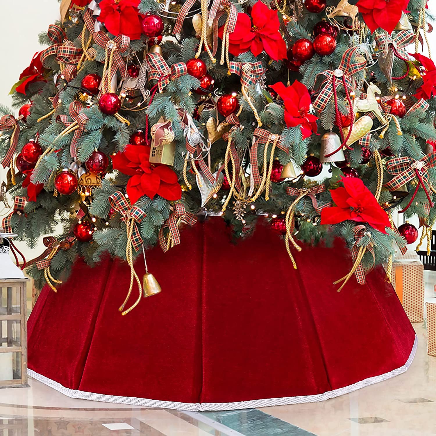 Christmas Tree Collar Red Velvet Folable Christmas Tree Ring Tree Skirt for Artificial Trees Base Stand Cover Christmas Tree Decoration