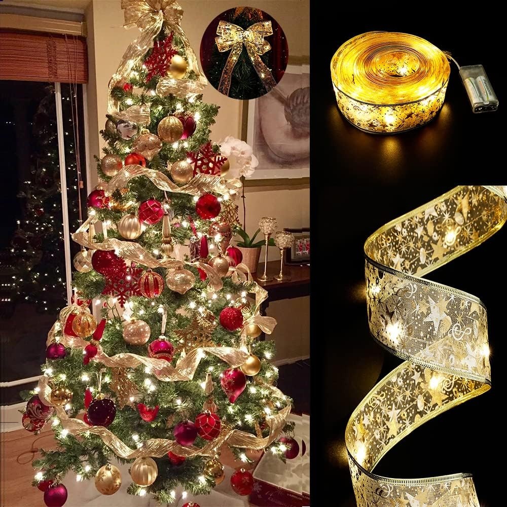 GIHOO Christmas Tree Decorations String Lights 32Ft 100 LED Lights Copper Wire Ribbon Bows Lights for Party Weddings Holiday Christmas Tree Decorations (Gold Warm Light Battery Powered)