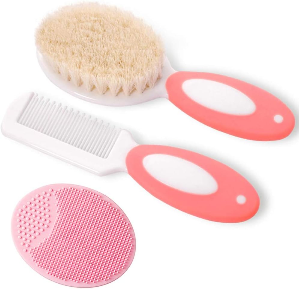 Baby Hair Brush and Comb Set for Newborns & Toddlers | Natural Soft Goat Bristles | Ideal for Cradle Cap | Perfect Baby Registry Gift (Pink)