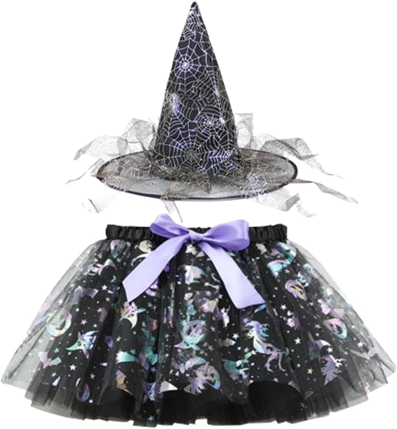 Girls Witch’S Tutu Skirt, Halloween Tutu Dress, Bowtie Mesh Yarn Halloween Tutu Dress, Witch’S Hat Tulle Dress up Costume, Soft Comfortable Halloween Dress with Witch Hat for Girls Kids