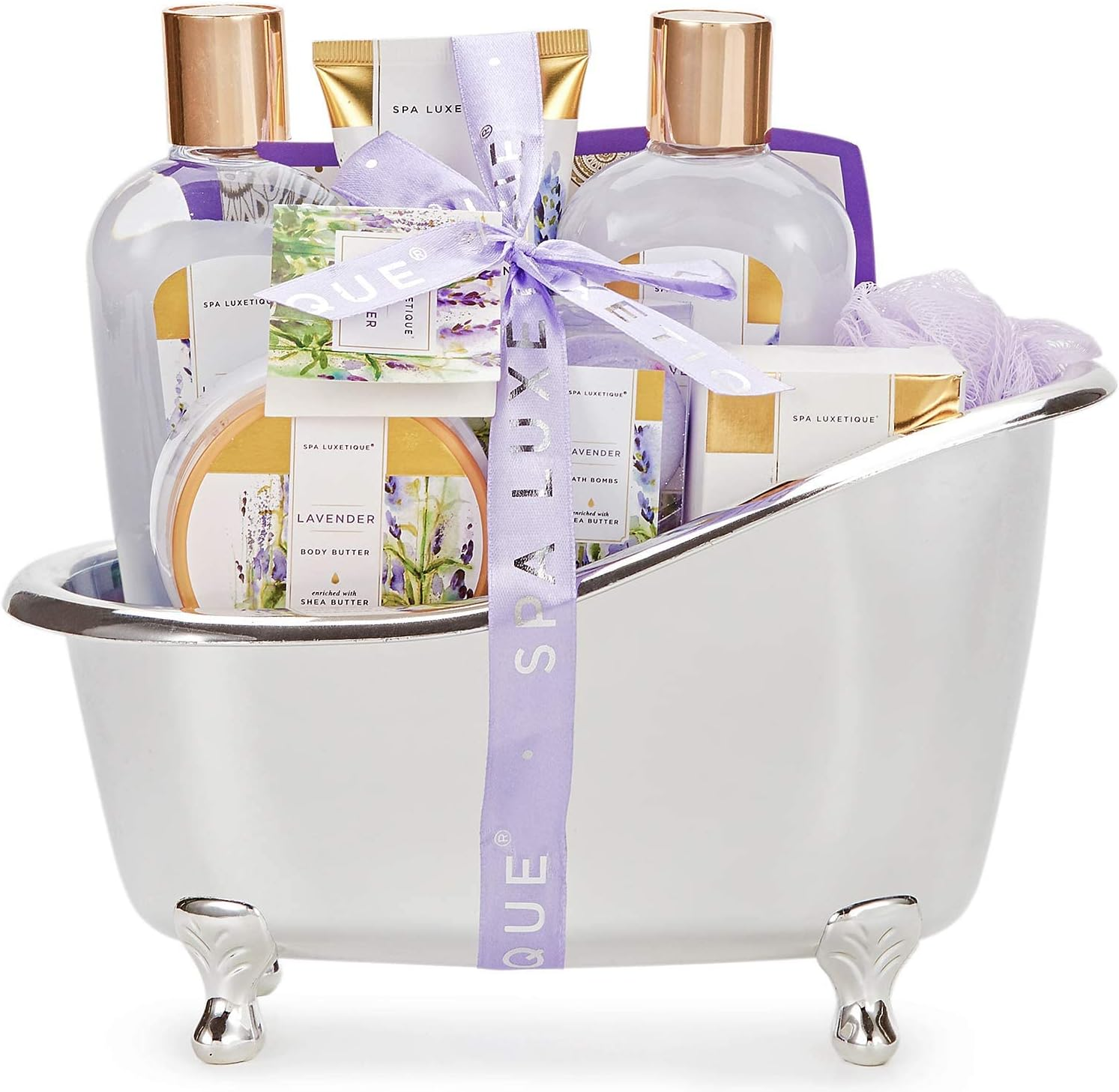 SPA LUXETIQUE Bath Gift Set, 8-Piece Spa Set, Birthday Gift, Lavender Scent, Wellness Set for Women, Care Set with Decorative Bathtub, Gifts for Women, New Year Gifts,