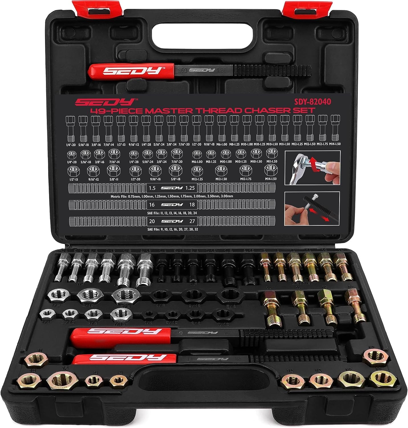 SEDY 49-Piece Thread Cleaner Rethreading Kit, Thread Repair Thread Chaser Tool Set – Metric SAE Bolt Restorer Nut Rethreader Automotive Wheel Stud Spark Plug Engine Standard Screw Threading UNC UNF