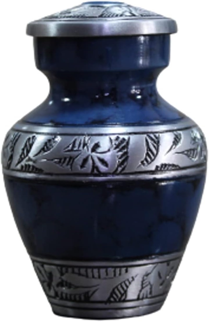 Esplanade Metal Mini Cremation Urn Keepsake Memorial Jar Pot Container | Small Urn for Funeral Ashes Burial | Engraved Metal Keepsake | Navy Blue – 3″ Inches (Dark Blue Agate)