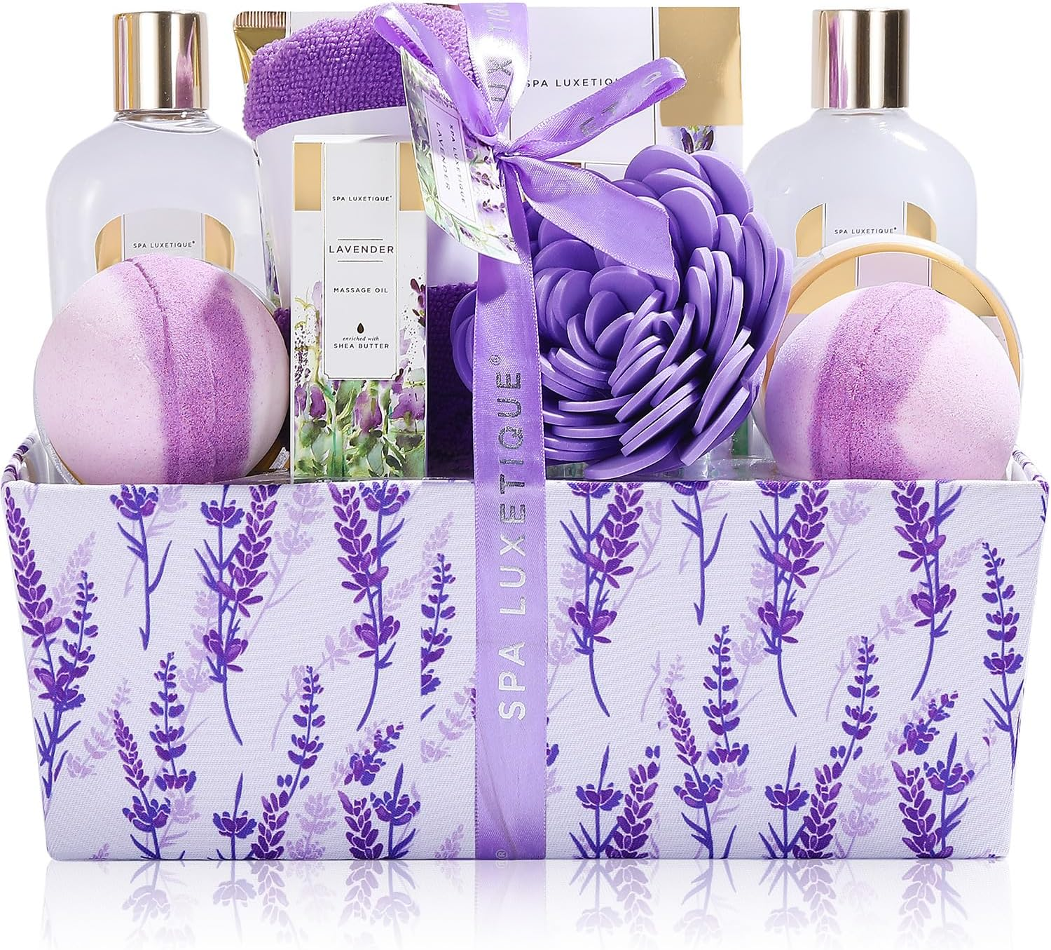 Spa Luxetique Bath Spa Gift Baskets Lavender, Premium 12Pc Gift Baskets for Women, Home Spa Gift Set with Soap, Massage Oil, Bath Bomb, Dry Hair Cap, Bath Puff, Body Lotion, Best Gift Set for Women.