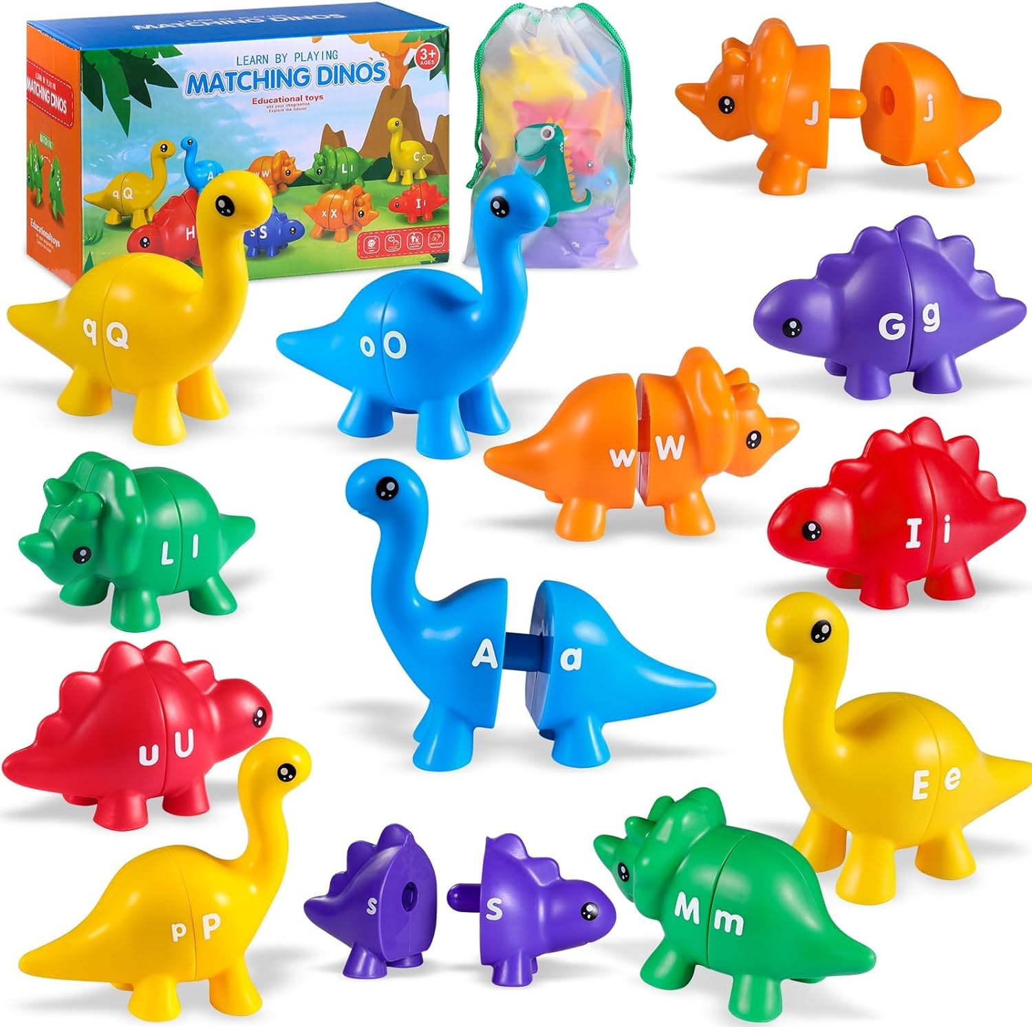 Matching Letters Fine Motor Toy, 26 PCS Double-Sided ABC Dinosaur Alphabet Match Game with Uppercase Lowercase, Preschool Educational Montessori Learning Toys for Toddlers