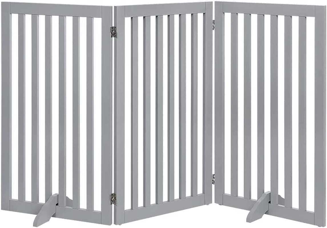 Unipaws Freestanding Wooden Dog Gate, Foldable Pet Gate with 2Pcs Support Feet Dog Barrier Indoor Pet Gate Panels for Stairs, Gray (51Cm Wx91Cm H)