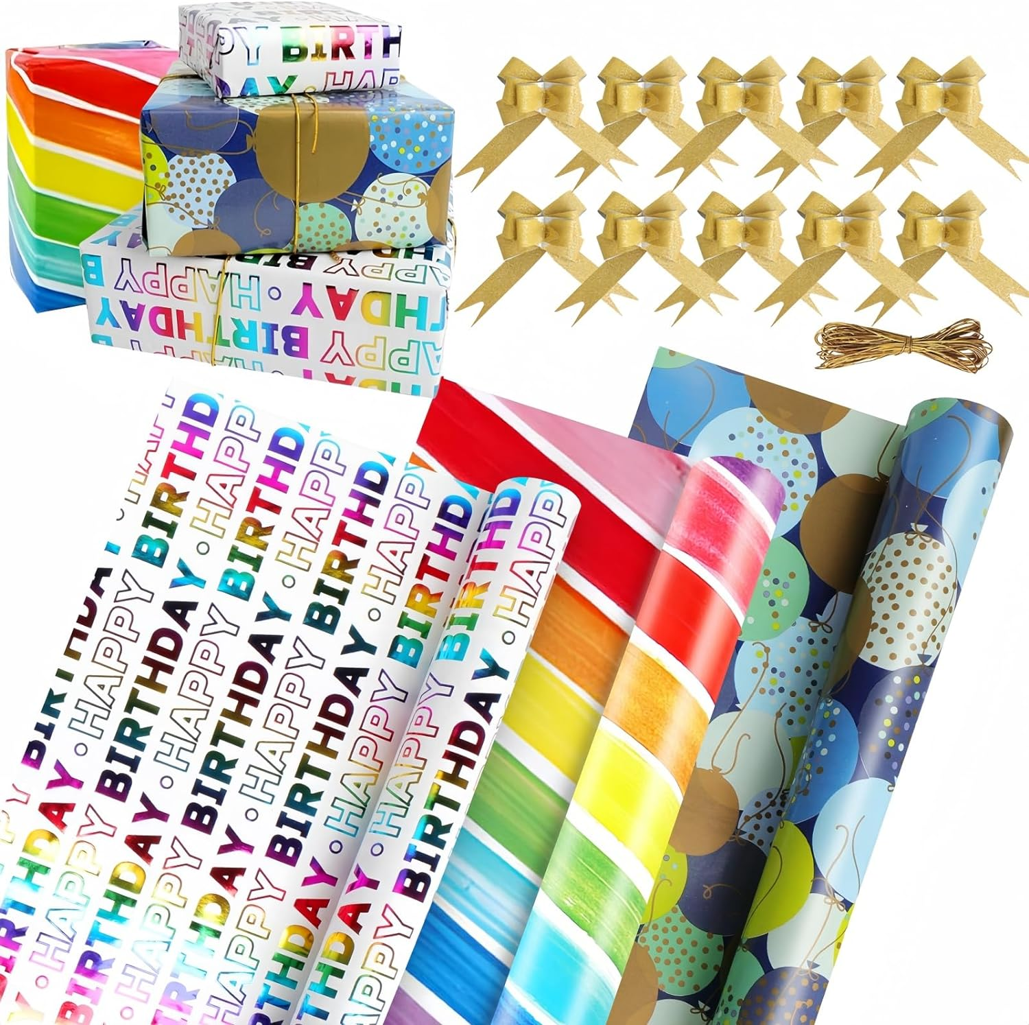 Oundarm 3 Mini Rolls Birthday Wrapping Paper Colourful Gift Packaging Set- 17″ X 10 Ft per Roll, Includes 10 Pcs Pull Bows and 1 Roll of 30 Feet Elastic Rope, Recyclable Gift DIY Wrapping Paper for Kids Women Men Birthday Wedding Bridal Baby Showers Christmas Crafts Holidays