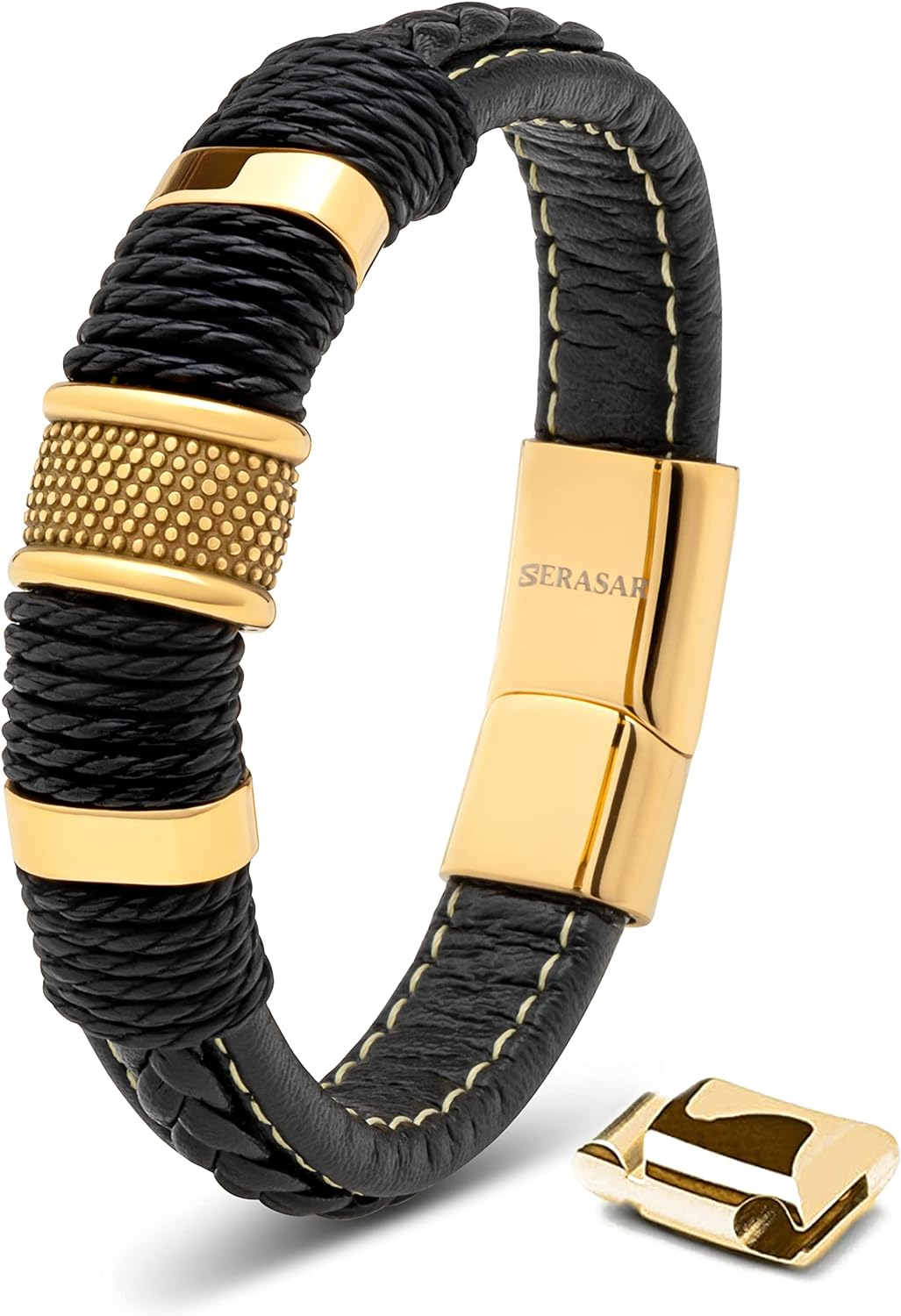 SERASAR | Black Premium Leather Bracelet [Ring] for Men | Magnetic Stainless Steel Clasp in Black, Silver and Gold | Exclusive Jewellery Box | Great Gift Idea