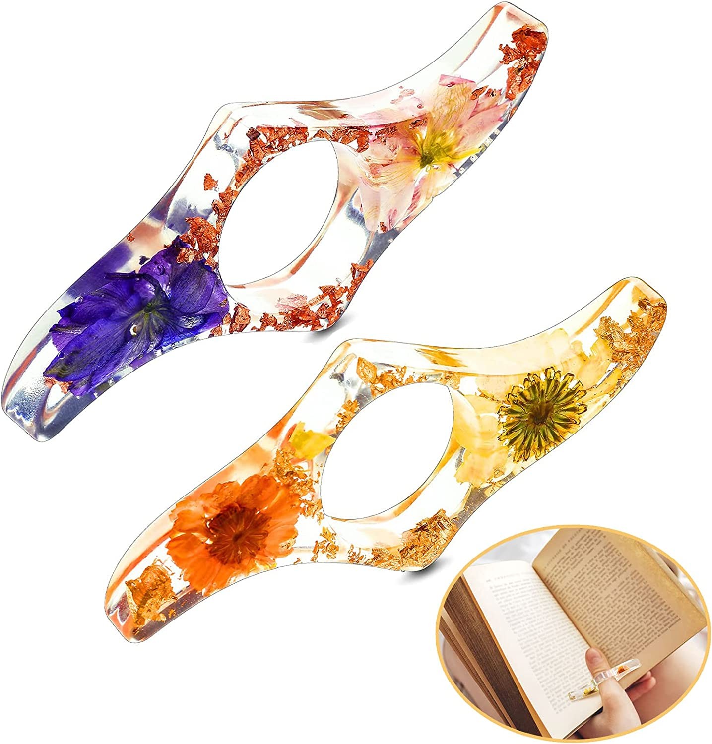 MAIHUO 2Pcs Book Page Holder,Resin Bookmark,Page Holder Ring,Thumb Book Holder,Book Marks,Book Reading Accessories,Dried Flower Resin Transparent Thumb Ring Bookmark