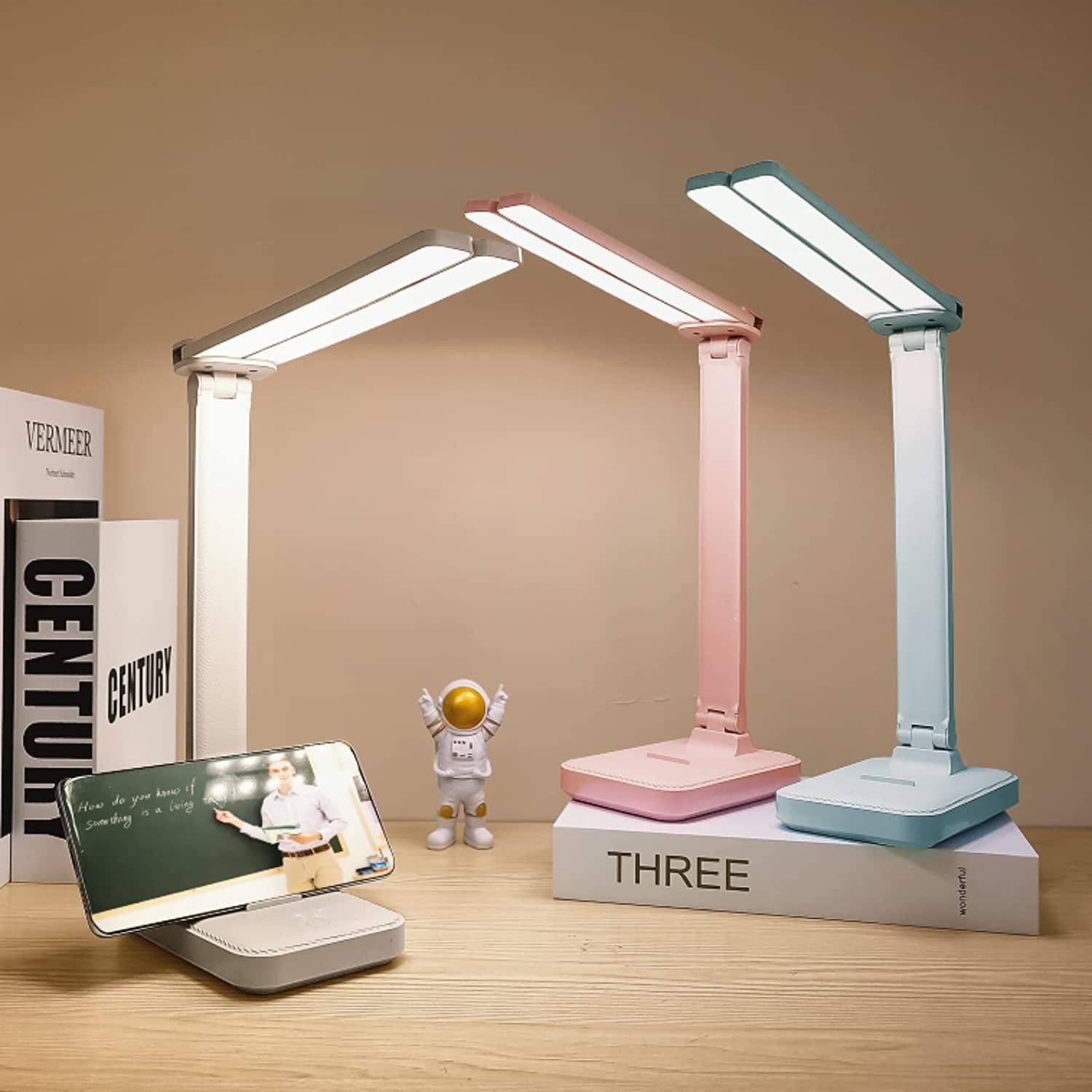 Luxlumin White Desk Lamp for Home Office,Portable Small Desk Lamp with 3 Lighting Modes , Battery Operated Rechargeable Desk Light for Kids, Reading,Studying,Dormitory, White