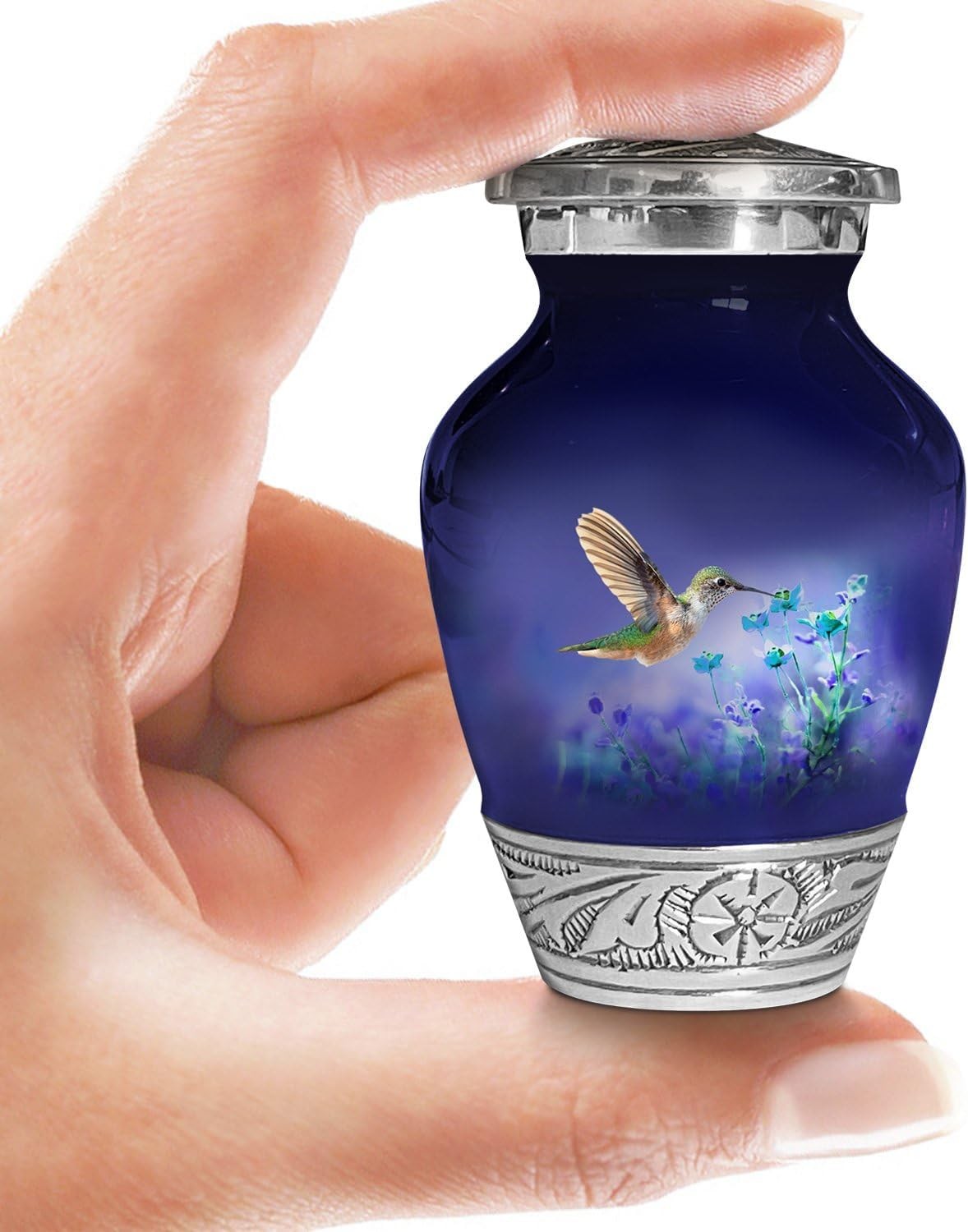 Blue Keepsake Urn for Adult Human Ashes | Large Handcrafted Funeral Memorial | Hummingbird Funeral Decorative Cremation Keepsake Urn for Women and Men