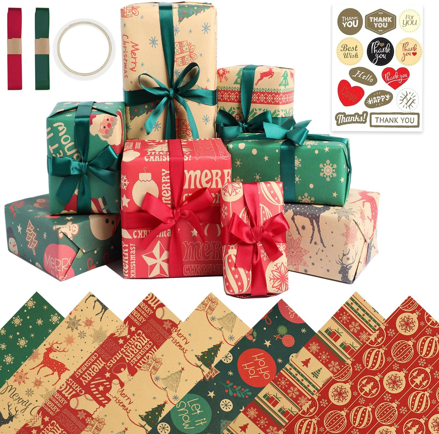 OSYLICT Christmas Wrapping Paper,8 Sheet Gift Kraft Paper for Xmas,70 * 50Cm Thicken Recycled Gift Wrap Snowflakes Santa Claus with Ribbon and Tag Stickers