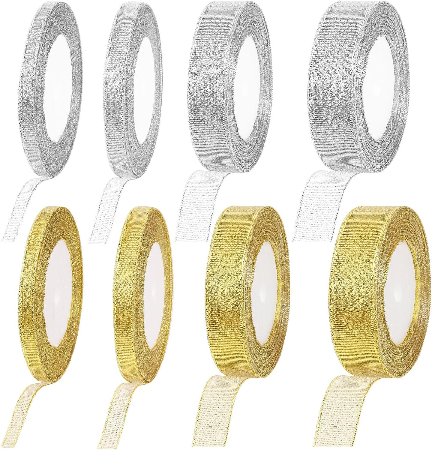 Swpeet 8 Rolls 200 Yards in Total 2 Colors Glitter Silver Gold Ribbon, Metallic Glitter Ribbon, Gift Wrap Ribbons Approx 1/4″ 2/5″ 4/5″ 1″ Width for Gift Wrapping Birthday Graduation Party Decoration