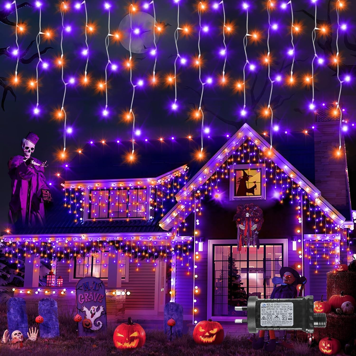 Halloween Outdoor Decorations Lights, 400 Leds Purple Orange Icicle Lights 32.8FT Halloween String Lights Outdoor Decoration 8 Modes 75 Drops Fairy Lights for Eaves Party Yard Garden Halloween Decor