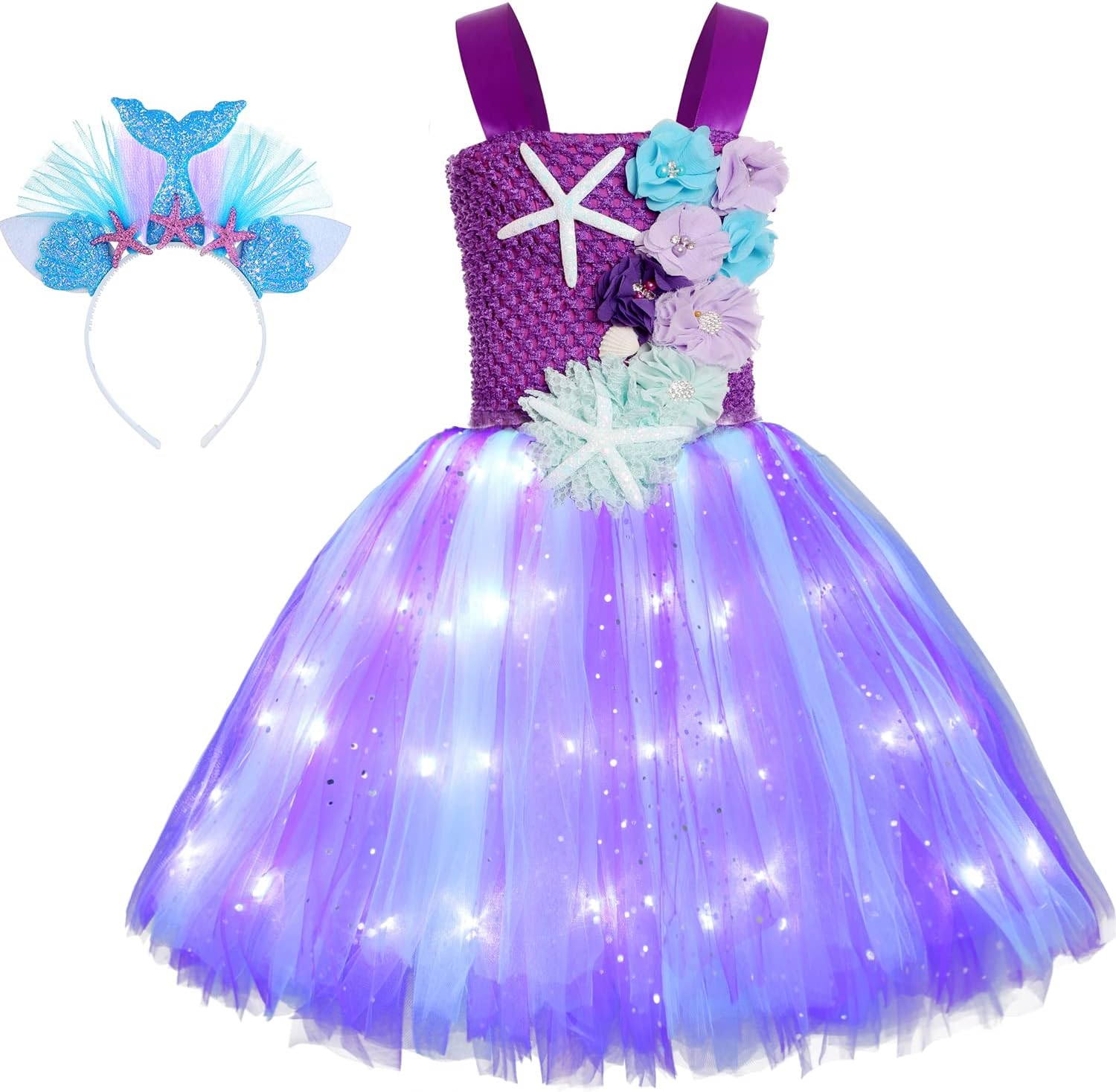 Koatobbor Girls Mermaid Costume Mermaid Tutu Dress Color Led Light up for Halloween Birthday Party 3-8Years