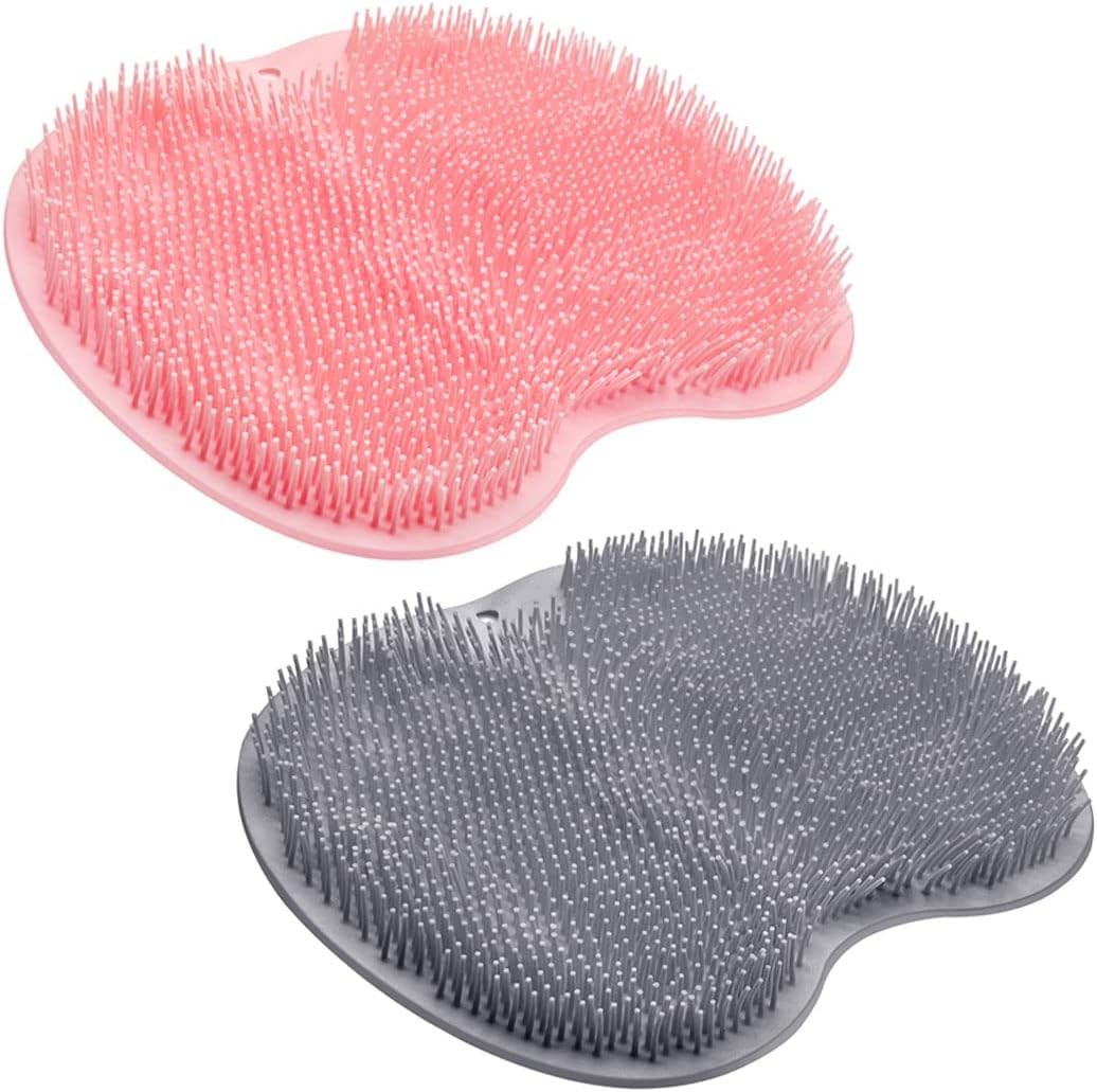 Shower Foot Scrubber Mat Back Washer Back Exfoliating Bath Wash Pad Wall Mounted Slip Suction Cups Foot Scrubber for Use in Shower Cups Foot Cleaner for Men and Women (Gray+Pink)