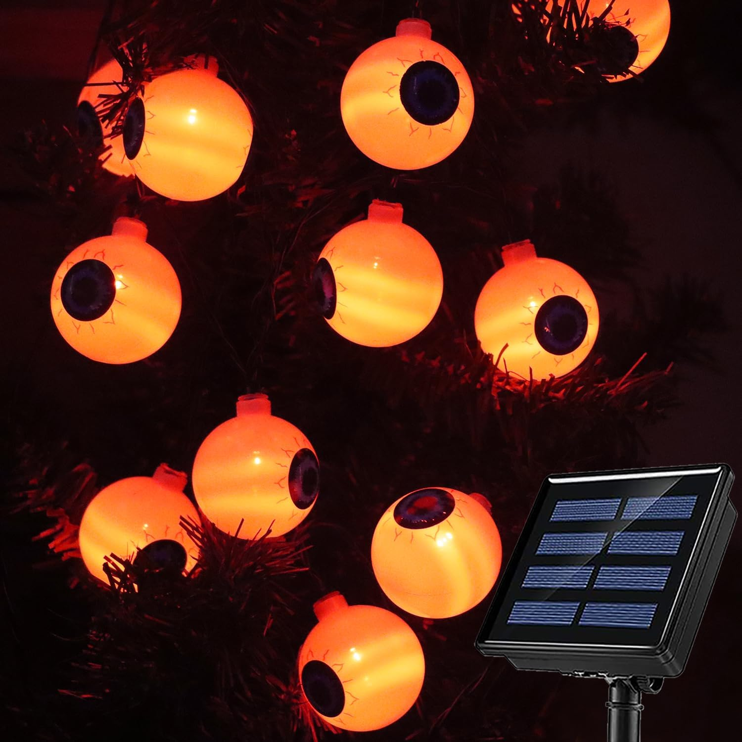 HUGSVIK Big Eyeball Solar Orange Halloween Lights, 26Ft 40 LED Solar Halloween Lights String with 8 Modes, Waterproof Solar Halloween Decorations Outdoor Lights for Patio Porch Garden Yard Decor