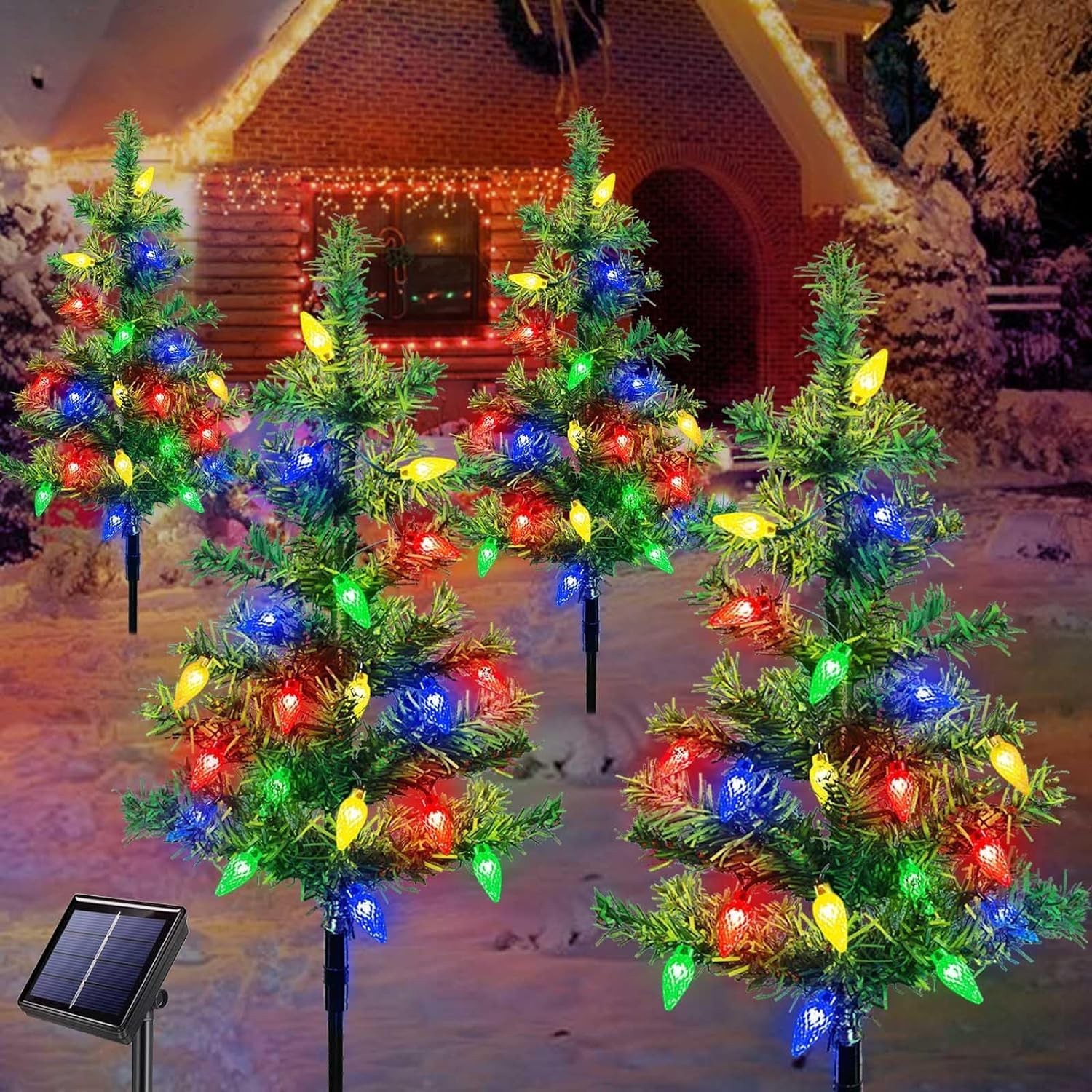 XIJUAN 4-Packs Solar Christmas Tree Pathway Lights Outdoor Christmas Decorations Waterproof IP65,8 Modes Solar Christmas Garden Stake Lights, for Garden Yard and outside Decorations