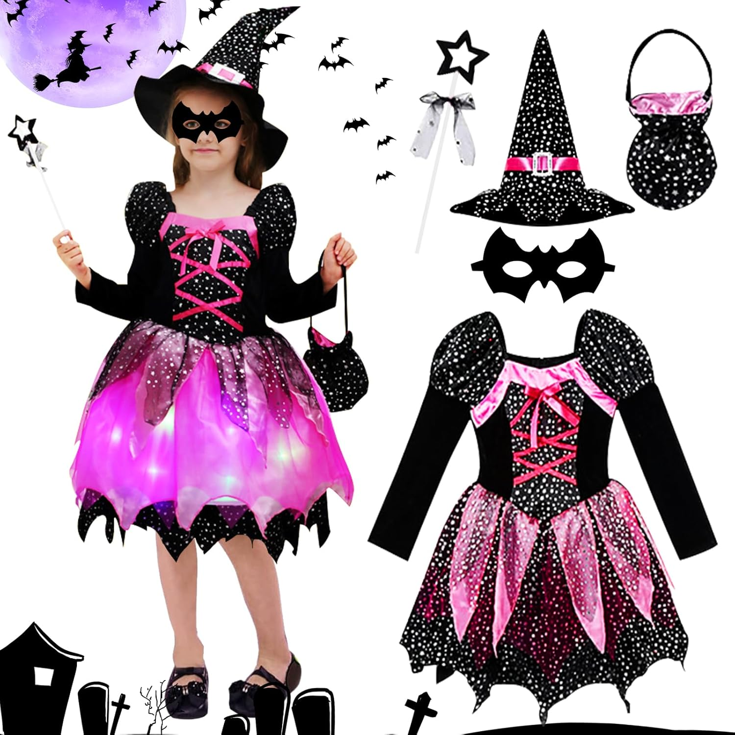 TZQFROCE Girls Witch Costume Halloween Costume Kids Witch Costume Girls with Lights Children’S Wizard Dress up Cosplay Set for Children Halloween Carnival Pretend Play (110 Cm)