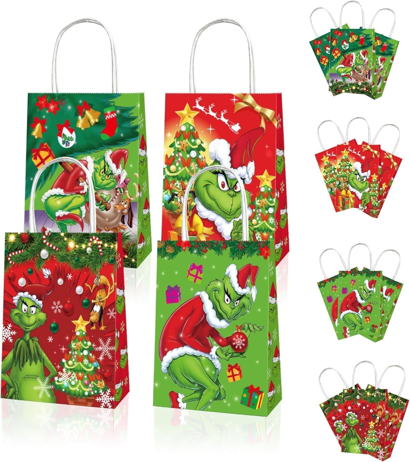 AUMA 12 Pcs Christmas Paper Gift Bags, Funny Party Favor Bags for Christmas Party Decorations, Green and Red Handle Bags Xmas Treat Cartoon Goodie Bags Medium for Holiday Wrapping Gift