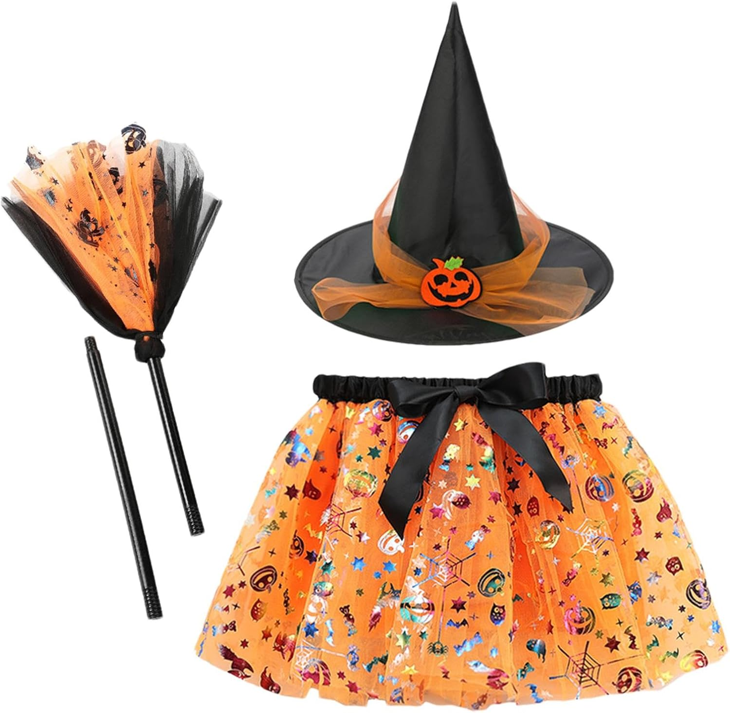 Kids Witch Costume | Halloween Witch Skirt Kids | Dress up Witch Costume, Witch Girl Skirt with Witch Hat and Broom for 2-8 Years Old Halloween Cosplay Party Decoration