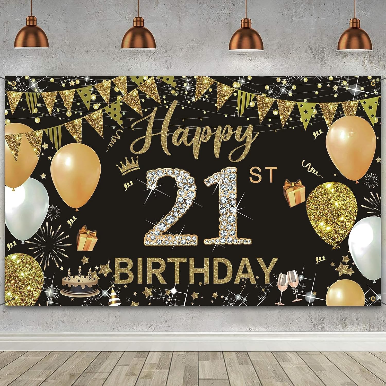 WVMNQO Happy Birthday Banner, 21St Birthday Decorations Backdrop, Extra Large Black Gold Party Decorations, Perfect Birthday Party Supplies Photography Background for Boys, and Girls, 180X110Cm