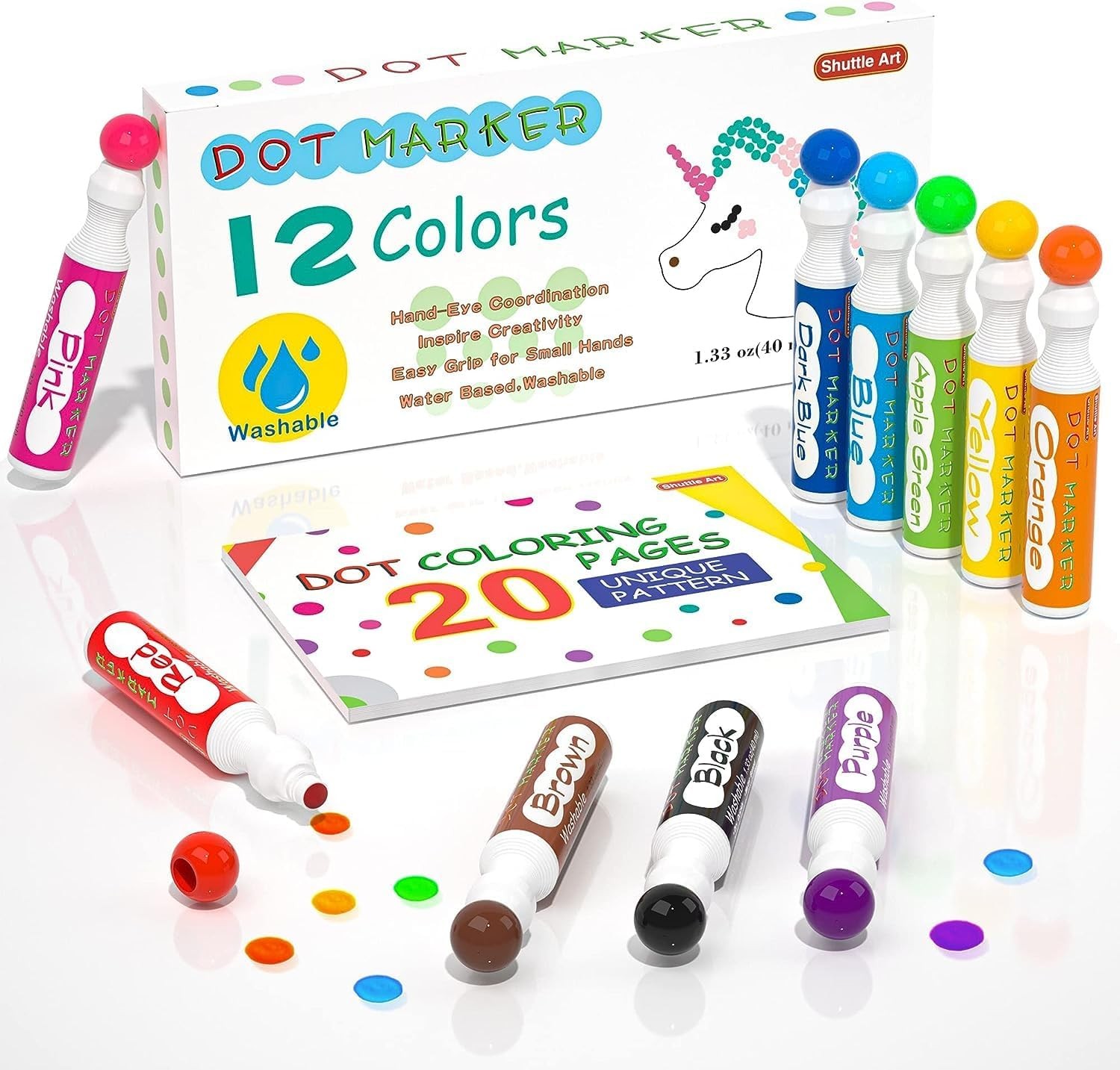 Dot Markers, Shuttle Art 12 Colours Bingo Pens (40Ml) with 10 Patterns Double Adhesive Paper, Washable Bingo Dabbers for Kids Toddlers, Non-Toxic Water Based Markers for Children Preschool Learning