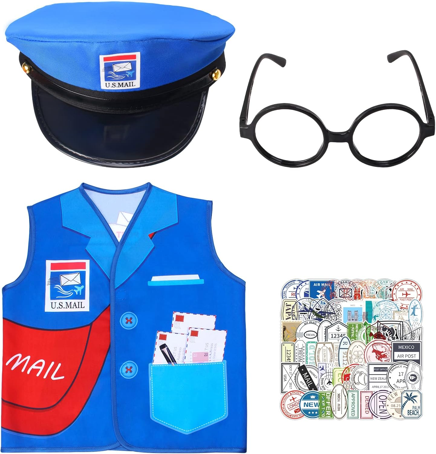 Keymall Mailman Costume with Postman Hat Mail Carrier Vest Postmark Sticker Glasses for Pretend Play Halloween Postal Costume