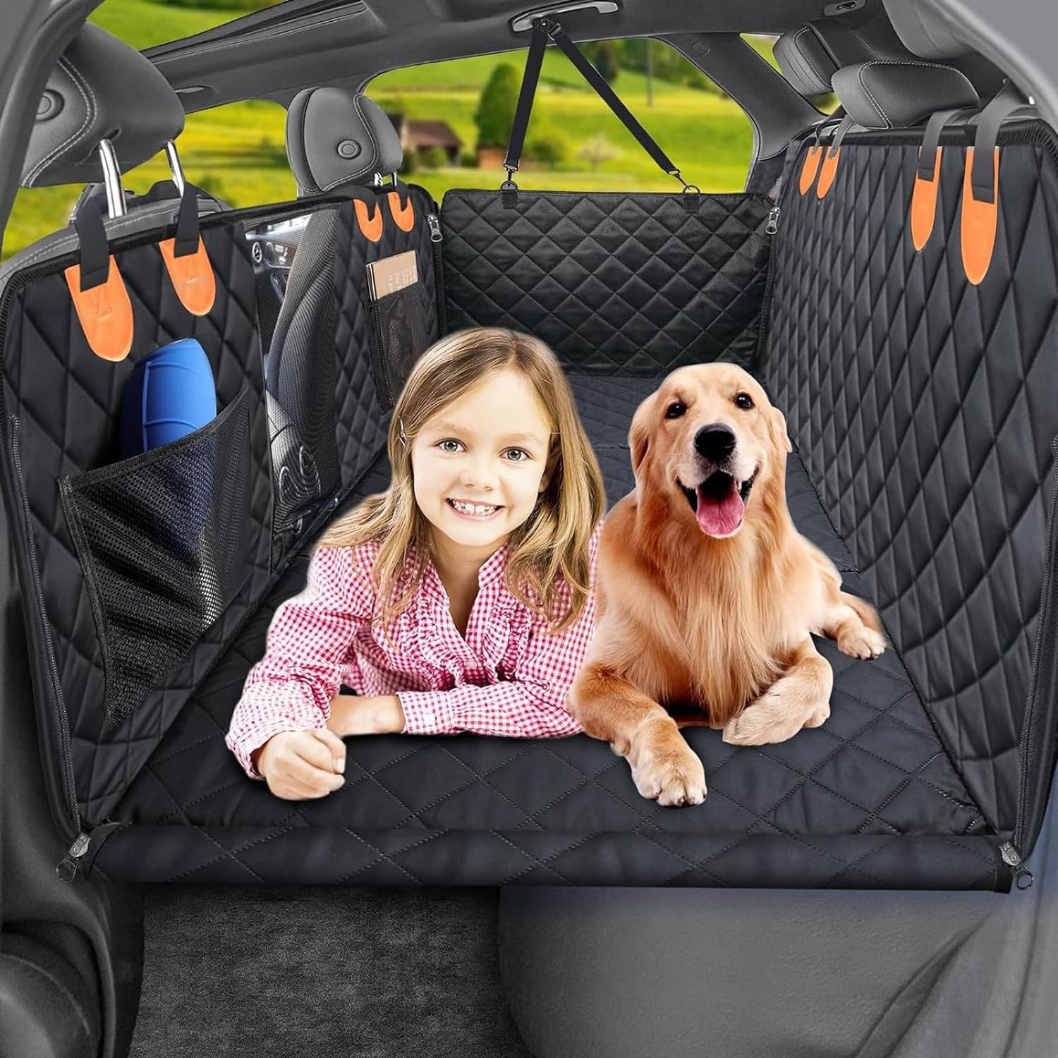 Tehttz Dog Car Cover, Hard Bottom Dog Car Protector Dog Car Seat Cover Waterproof Pet Seat Cover for Back Seat with Mesh Visual Window, Back Seat Extender for Dogs, Dog Hammock Travel Bed