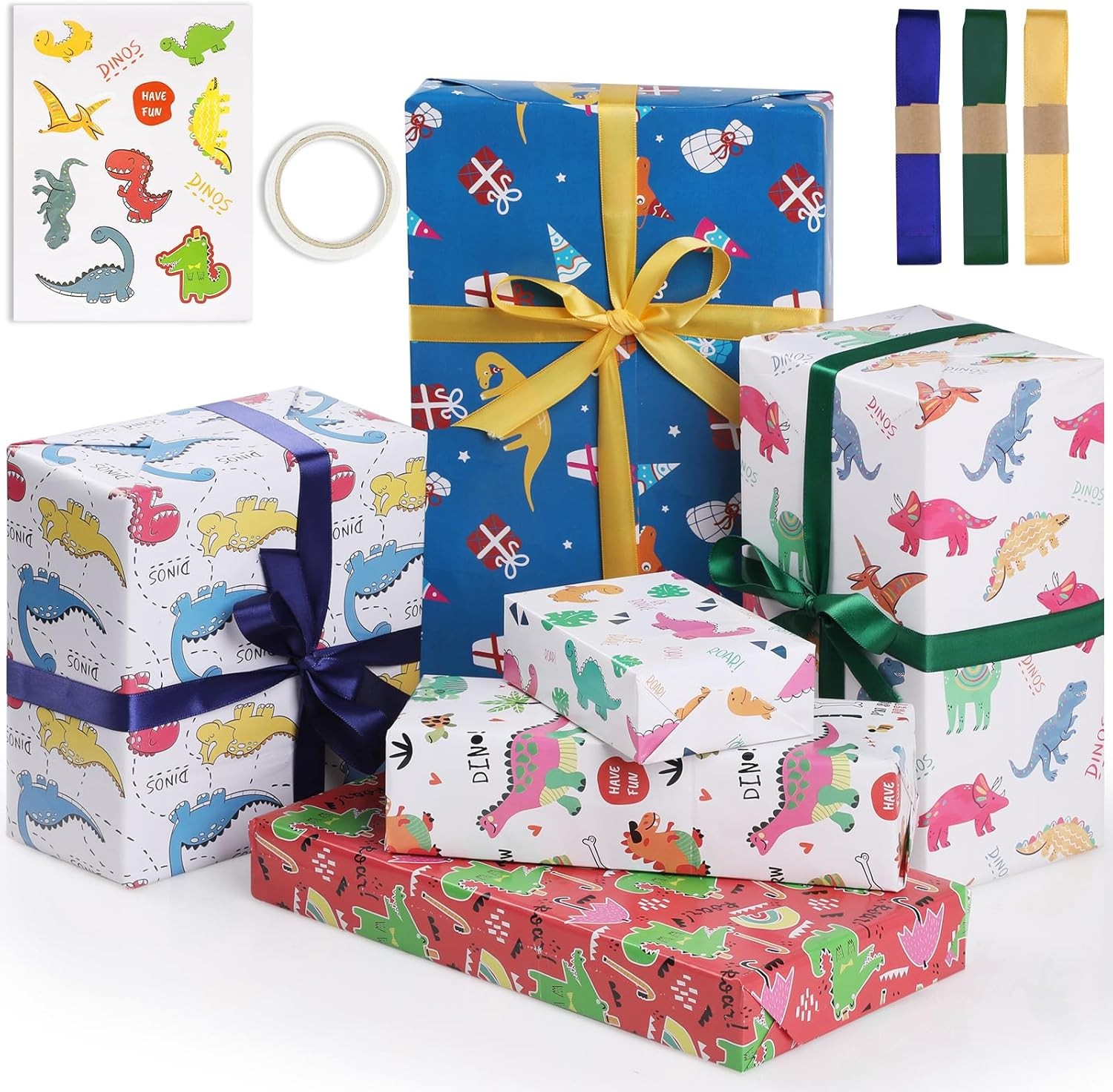 Bigqin 6 Sheets Gift Wrapping Paper Set Recycled 70 * 50Cm Dinosaur Gift Decorative Paper for Birthday Children’S Day Christmas Halloween Etc, with Ribbons Stickers and Tape