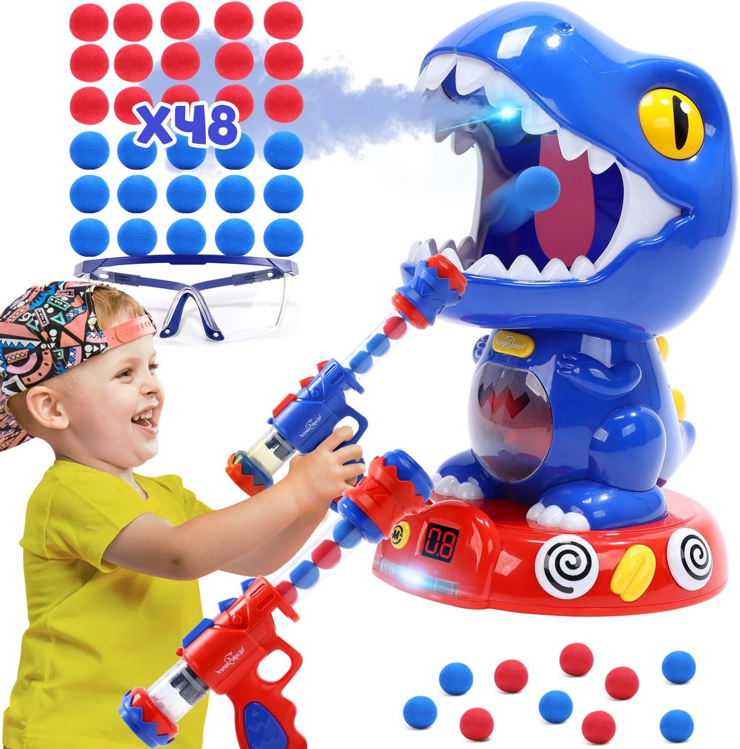 Eaglestone Movable Dinosaur Toys for Kids 5-7, Spaying & Auto Scoring, Dino Shooting Target Game with 2 Pump Guns, 48 Foam Balls, Sound, Fun Boys & Girls, Party Favor