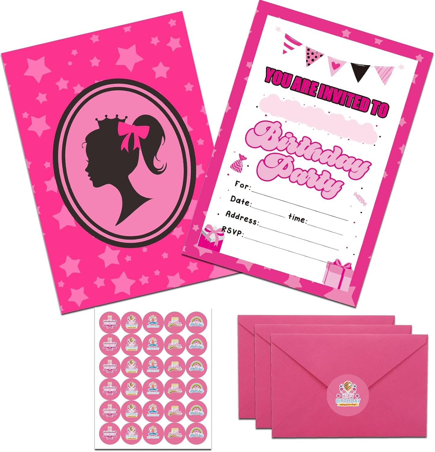 Idealmuzik 30 Pack Pink Girl Birthday Party Invitations for Girls with Envelopes and Sticker, Cute Birthday Party Invitations Cards for Kids, Party Decorations Supplies for Baby Shower Birthday Party