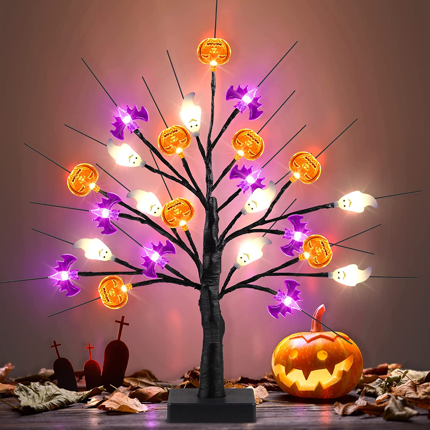 18 Inch Black Halloween Tree Light with 24 LED Pumpkin Bat Ghost Lights, Timer/Usb/Battery Operated Halloween Lights Halloween Decorations Indoor Outdoor for Home, Table, Mantle, Party Decor