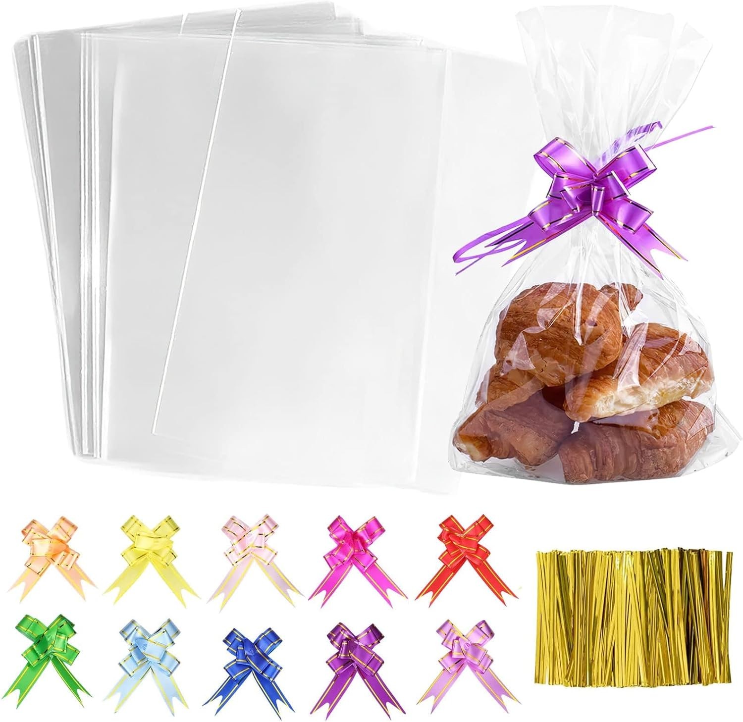 Transparent Cellophane Bag, 100 Pcs Cellophane Treat Bags with Twist Ties and Bows, Plastic Transparent Bags for Favor Candy Cookies (9 * 4.9 Inches)